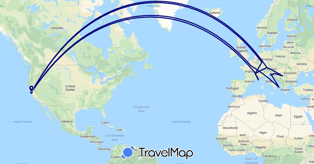 TravelMap itinerary: driving in Germany, France, Croatia, Italy, Serbia, Slovenia, United States (Europe, North America)